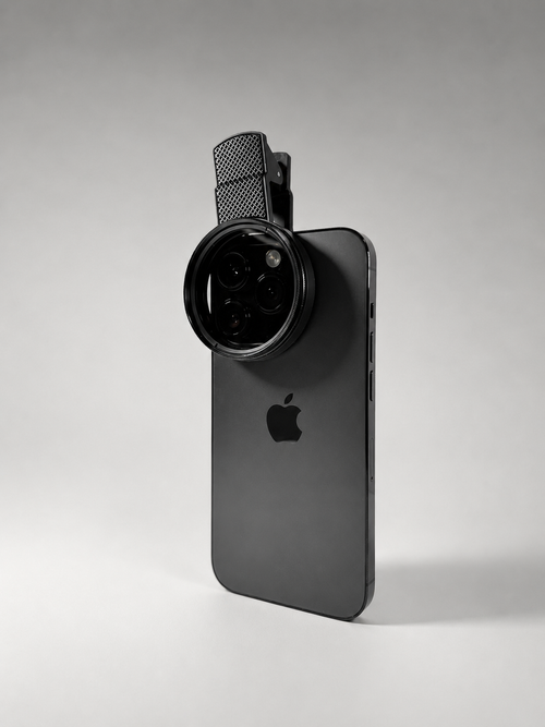 A black smartphone shown from the back with a mounted circular camera lens attachment and a textured strap, photographed on a clean light gray studio background. The Apple logo is visible on the phone.